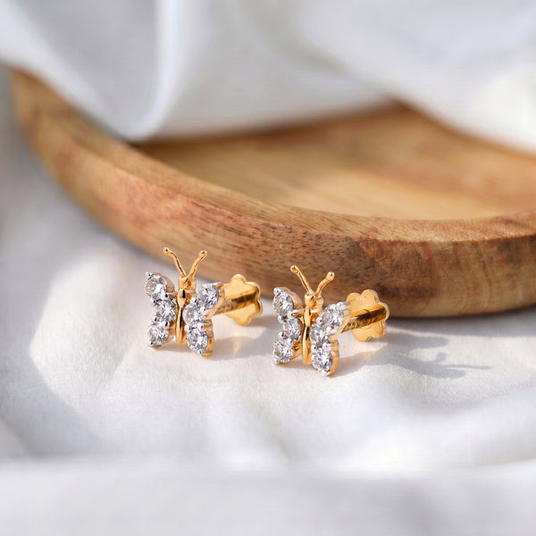 18KT Gold Diamond Butterfly Stud Earrings for Women