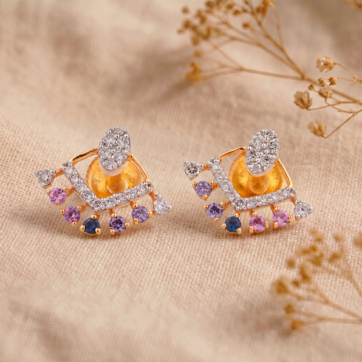 18Kt Gold Diamond Earrings with Colour Stones