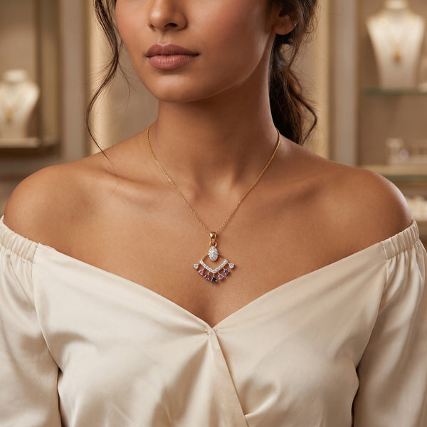 18Kt Gold Diamond Fan Pendant with Colour Stones