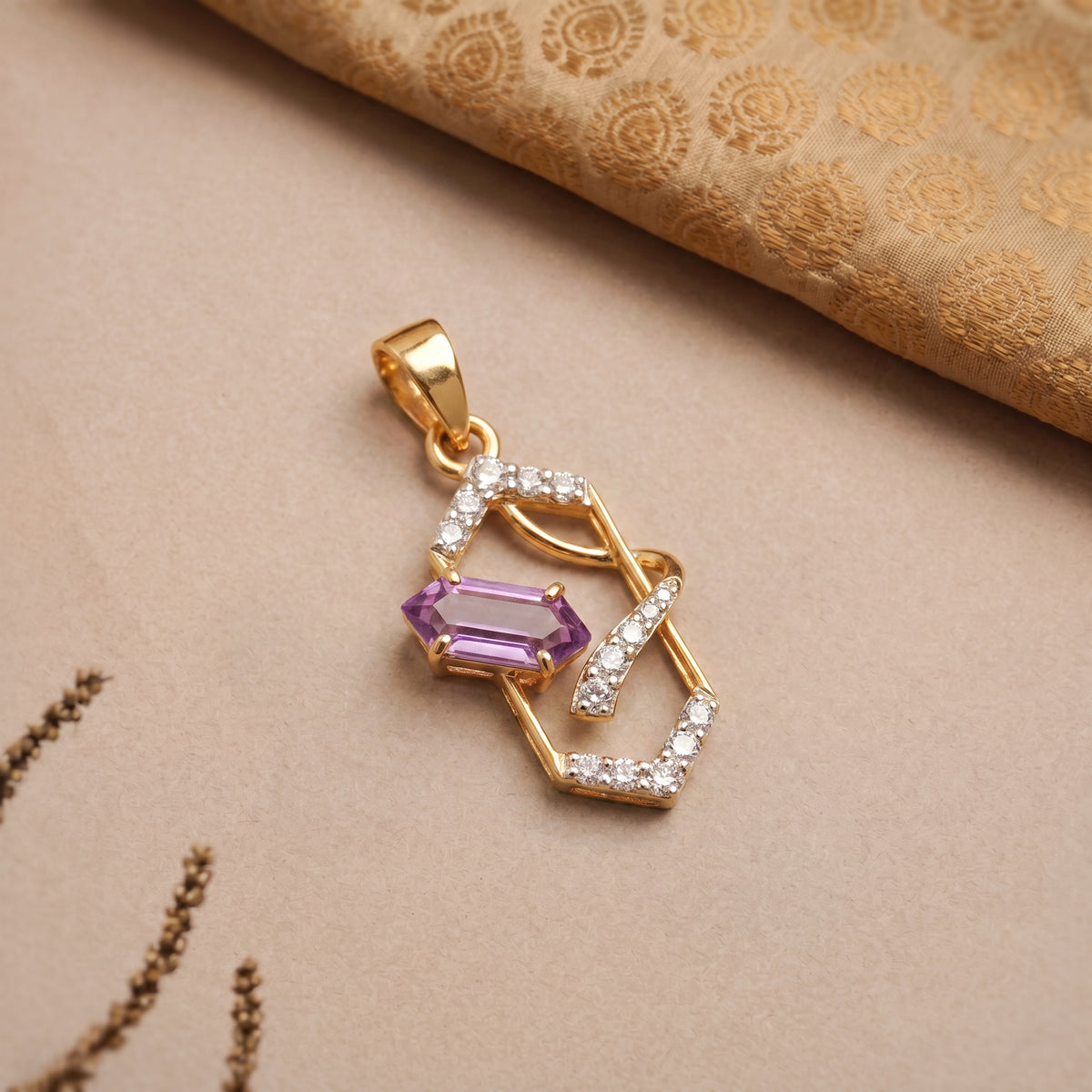 18Kt Gold Diamond Pendant with Colour Stone for Women