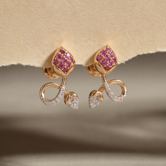 18Kt Gold Diamond Leaf Earrings with Colour Stone