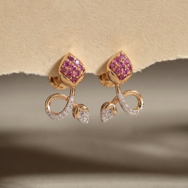 18Kt Gold Diamond Leaf Earrings with Colour Stone