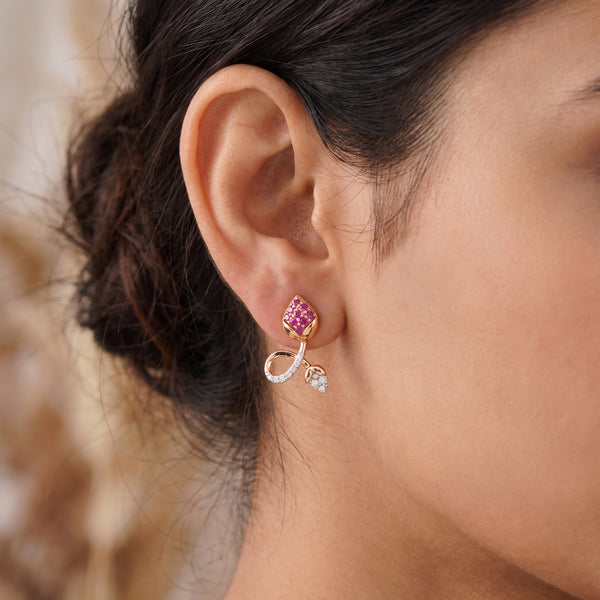 18Kt Gold Diamond Leaf Earrings with Colour Stone