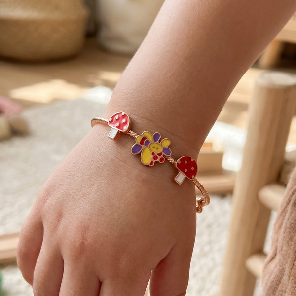 18kt Rose Gold Enamel Mushroom & Flower Kids Bangle