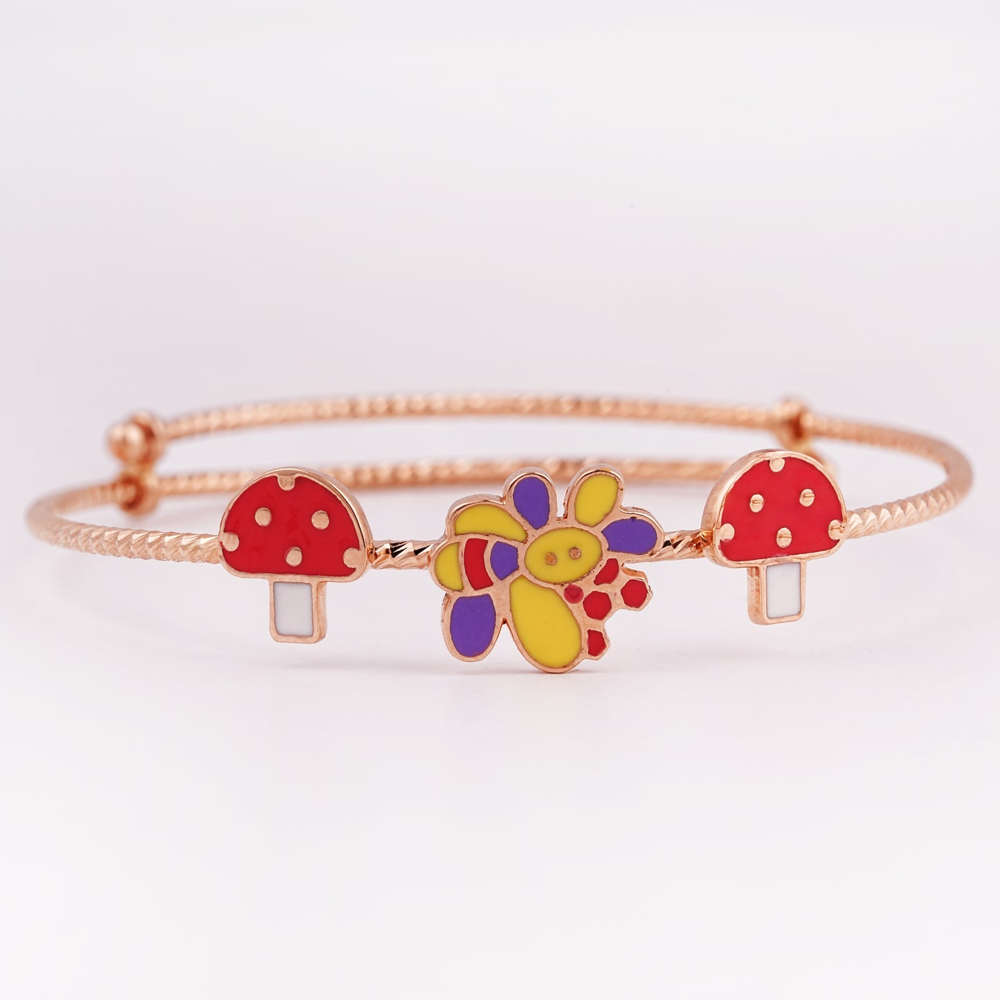18kt Rose Gold Enamel Mushroom & Flower Kids Bangle