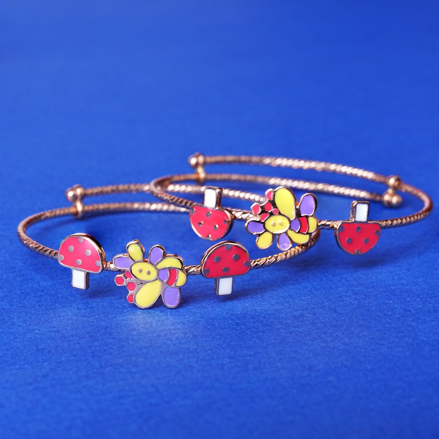 18kt Rose Gold Enamel Mushroom & Flower Kids Bangle
