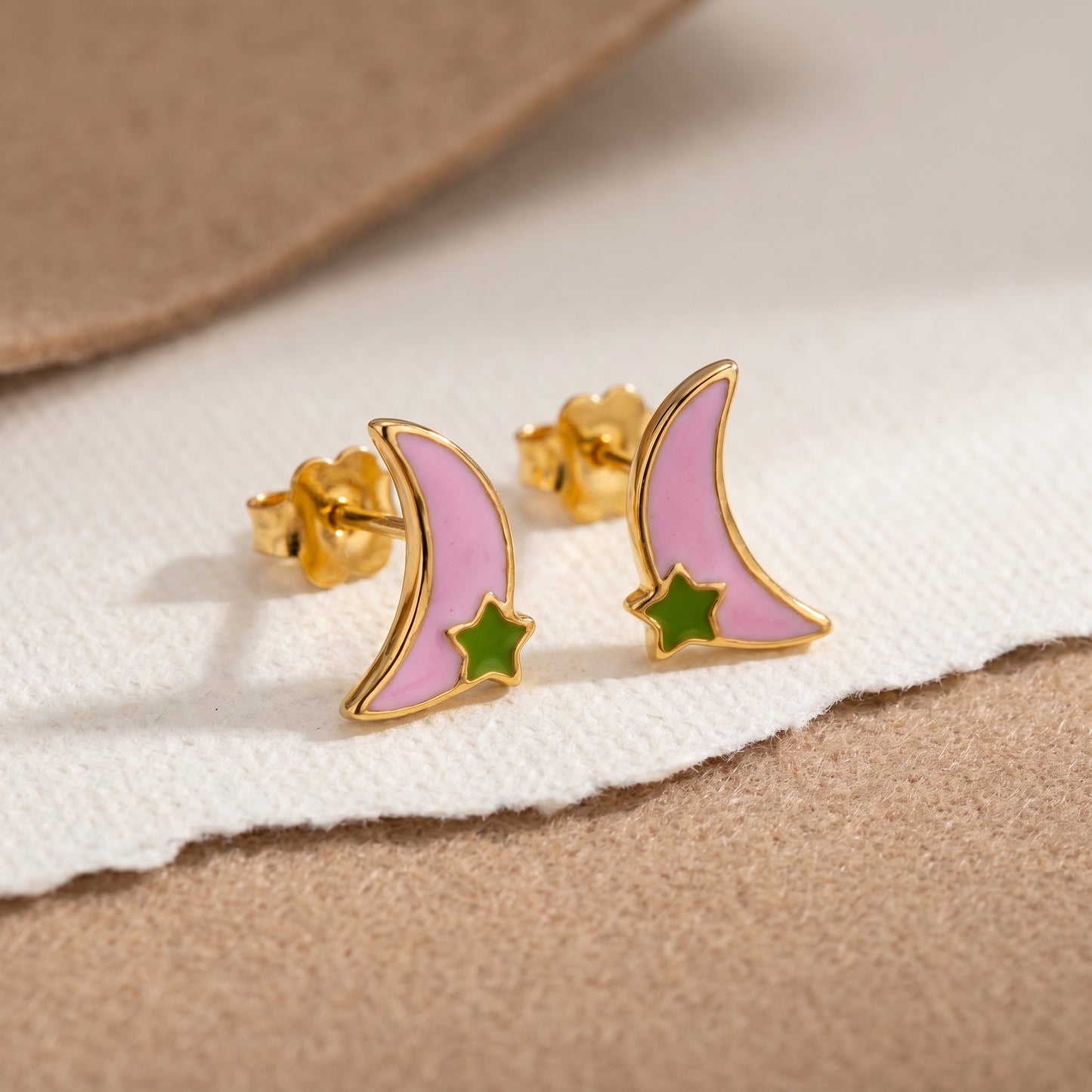 Chaand Kids Moon & Star Enamel Earrings 18kt Gold