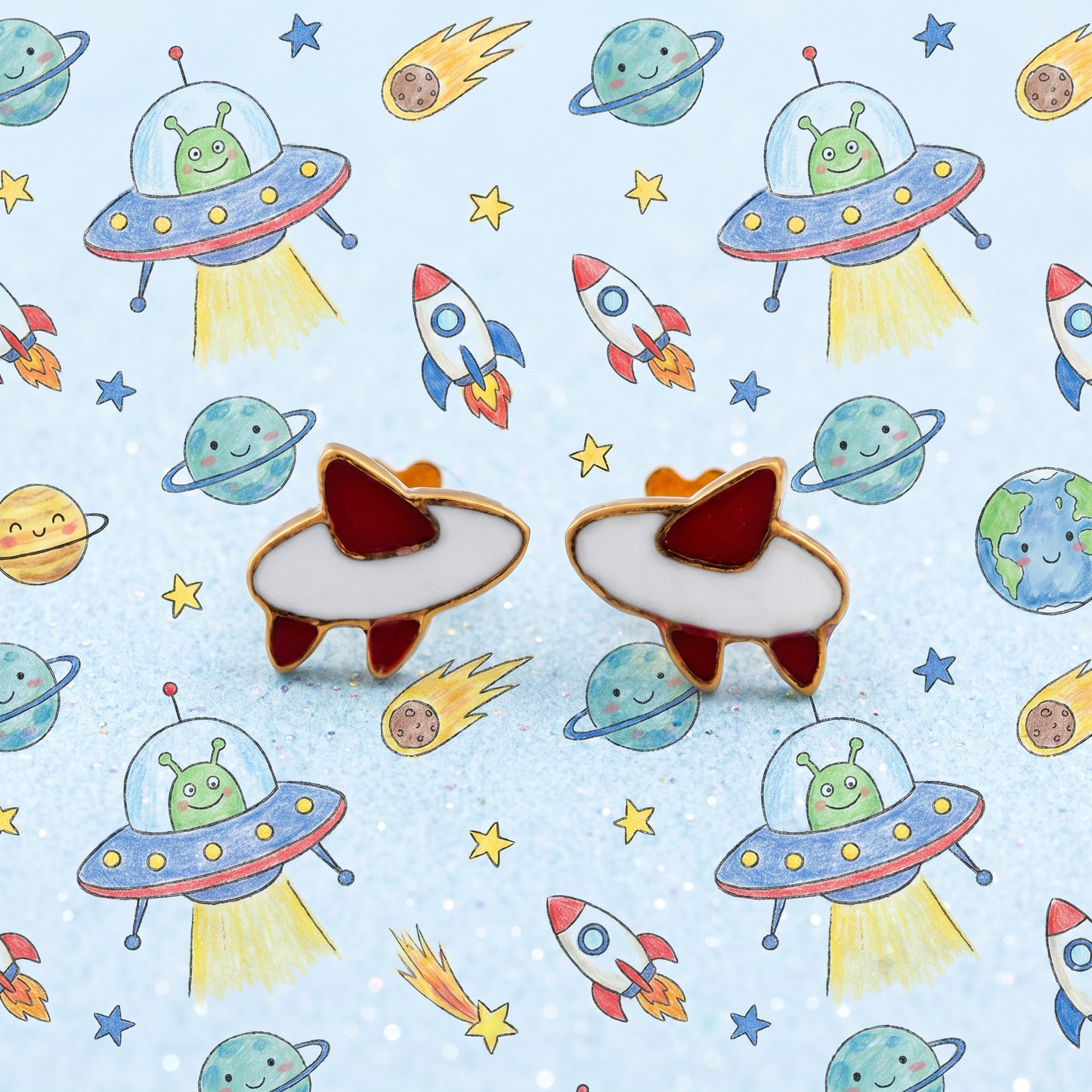 Zoom Kids UFO Spaceship Enamel 18kt Gold  Earrings