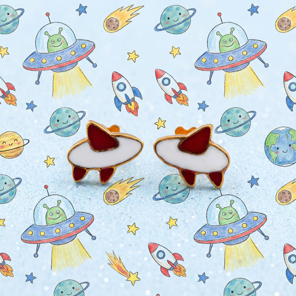 Zoom Kids UFO Spaceship Enamel 18kt Gold  Earrings