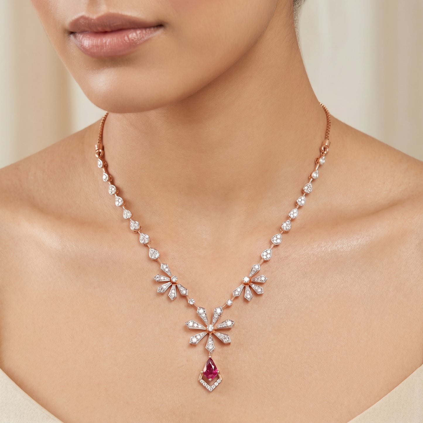 Raktim Ruby & Diamond Starburst 18kt Rose Gold Drop Necklace