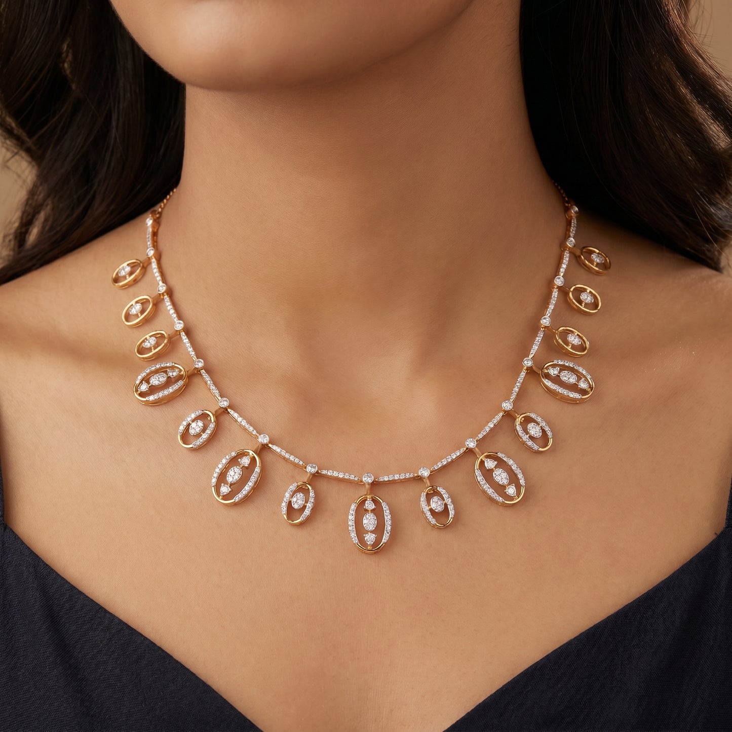 Jharna Diamond Oval Drop Fringe 18kt Gold Necklace