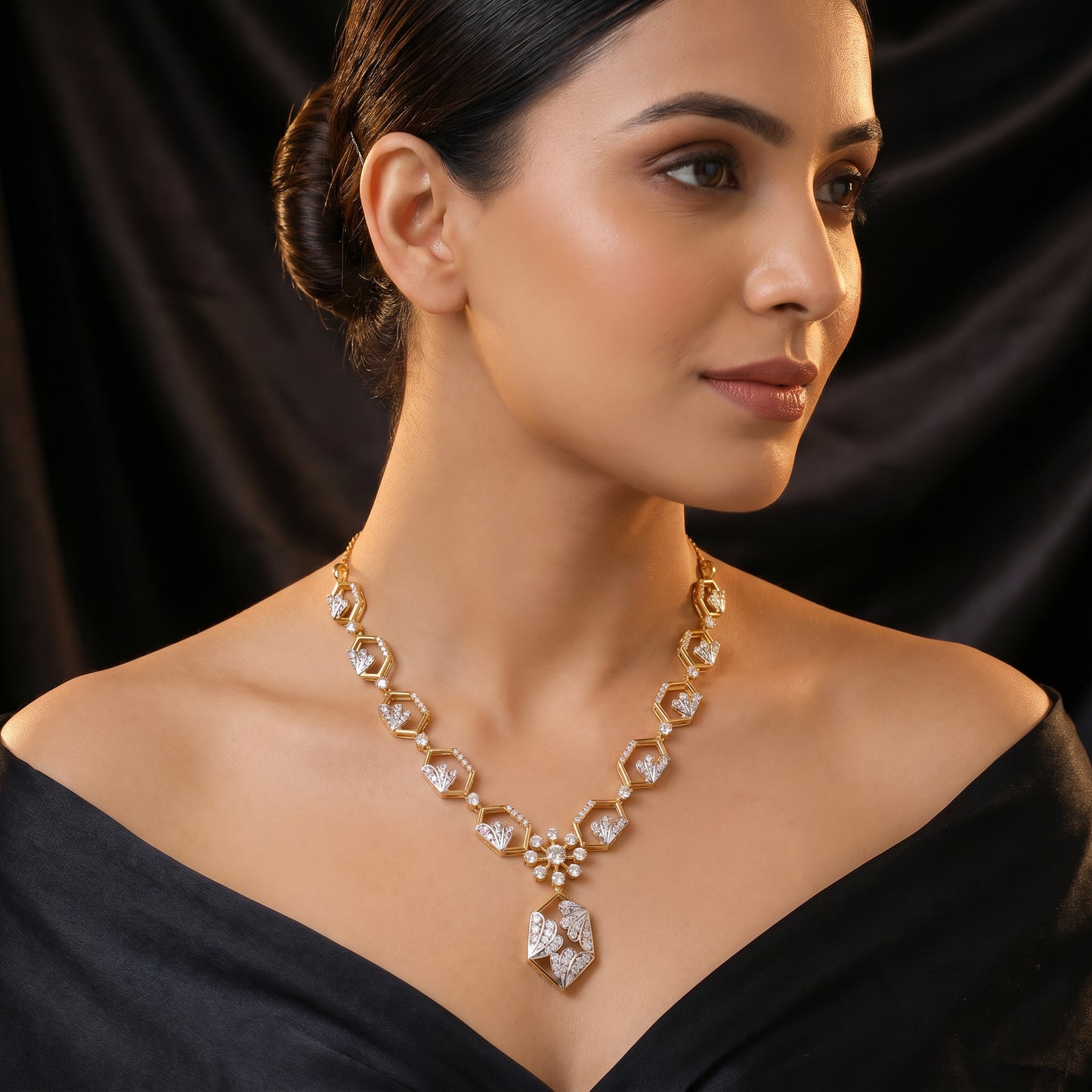 Mayuri Diamond Feather Hexagon Drop 18kt Two-Tone Gold Necklace