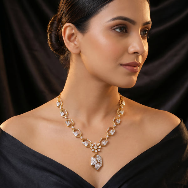 Mayuri Diamond Feather Hexagon Drop 18kt Two-Tone Gold Necklace
