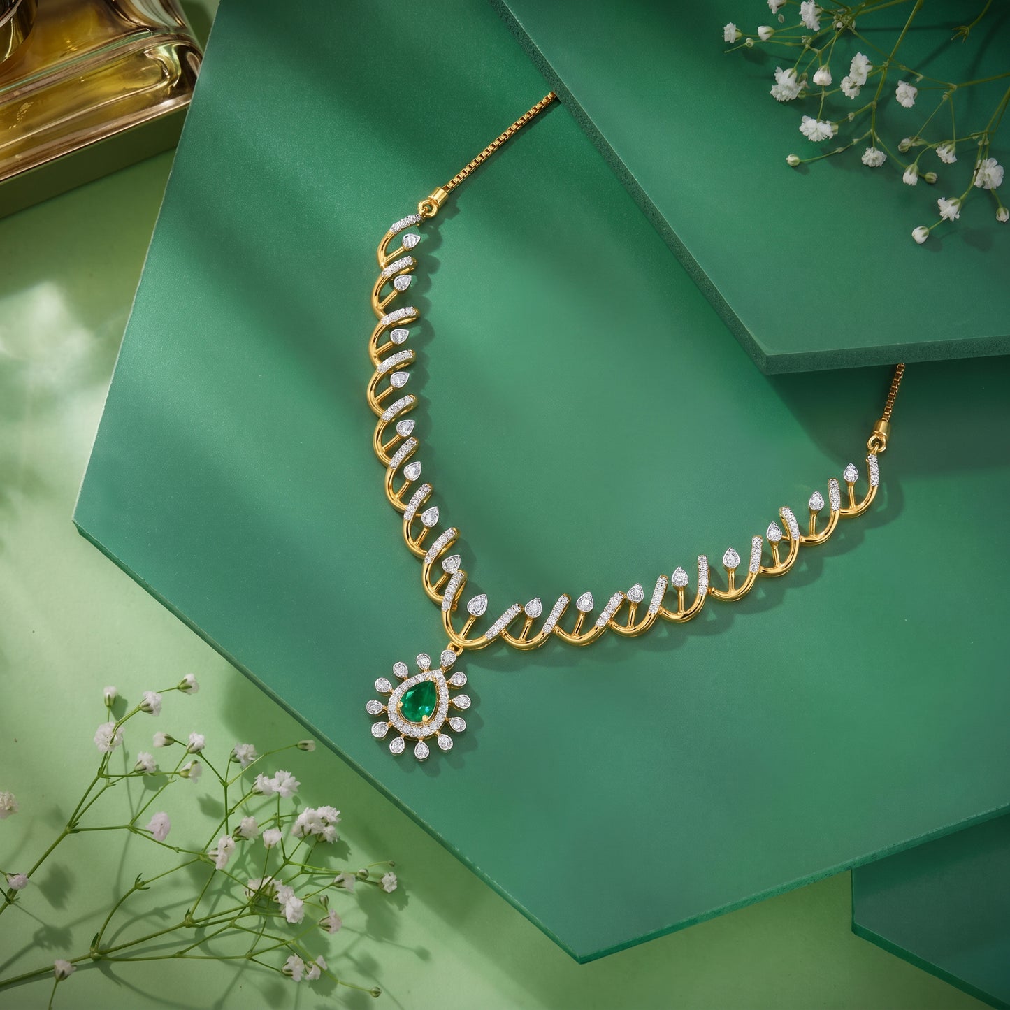 Harita Emerald & Diamond Spiral Drop 18kt Gold Necklace