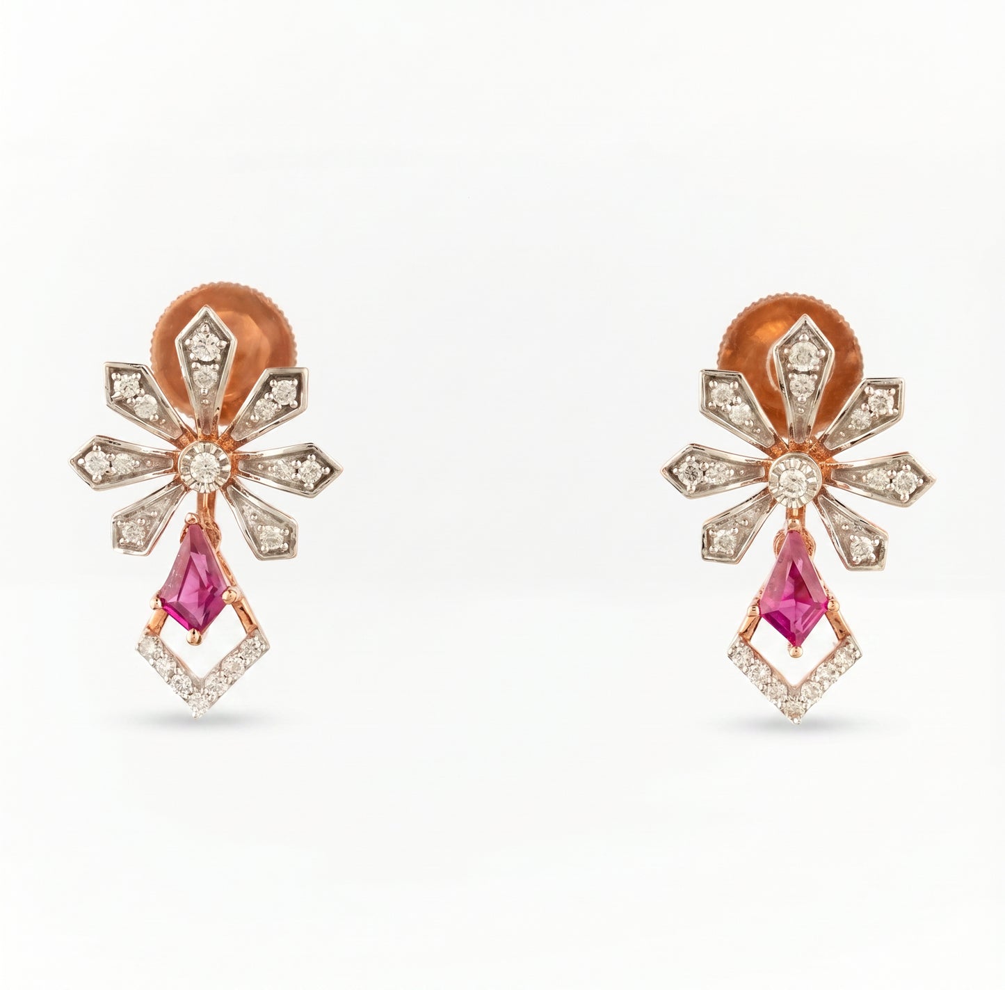 18Kt Rose Gold Ruby & Diamond Earrings for Women