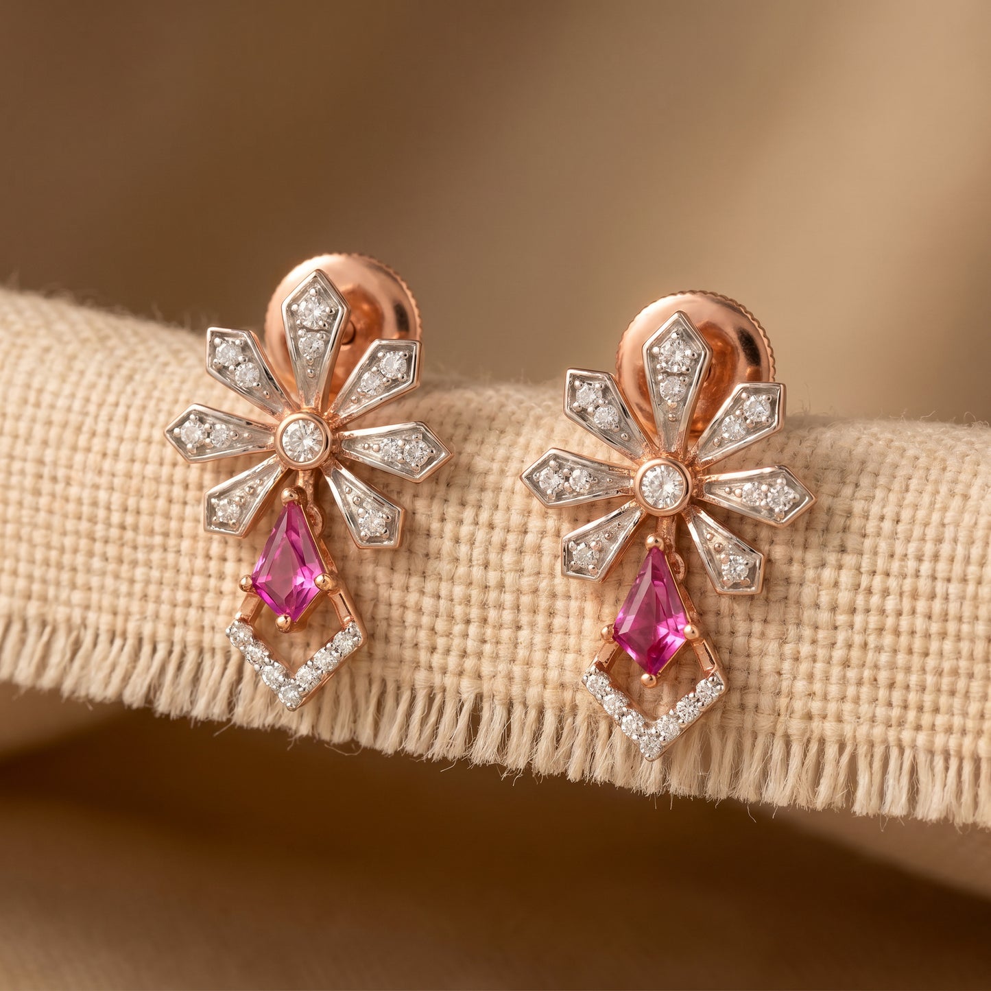18Kt Rose Gold Ruby & Diamond Earrings for Women