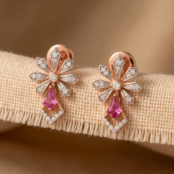 18Kt Rose Gold Ruby & Diamond Earrings for Women