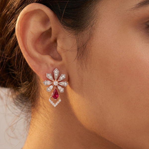 18Kt Rose Gold Ruby & Diamond Earrings for Women