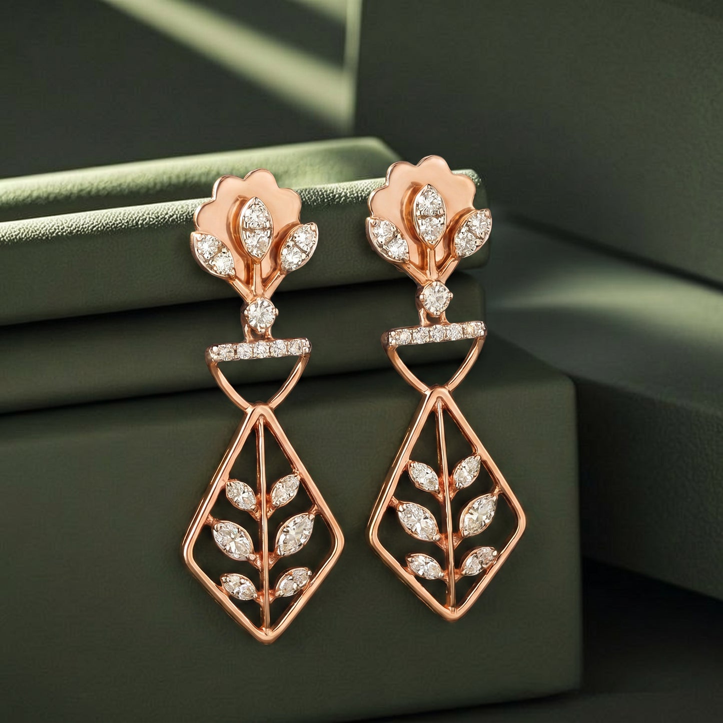 18Kt Rose Gold Leaf Diamond Earrings for Women