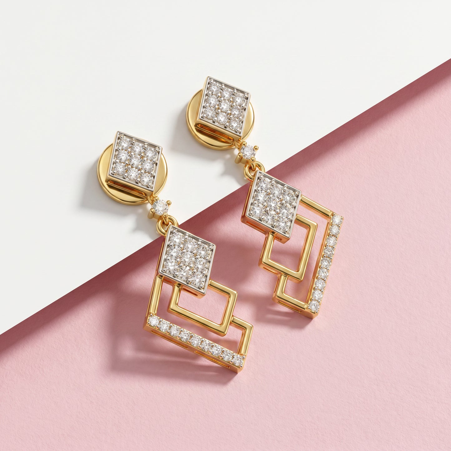 18kt Gold Diamond Geometric Design Drop Earrings  