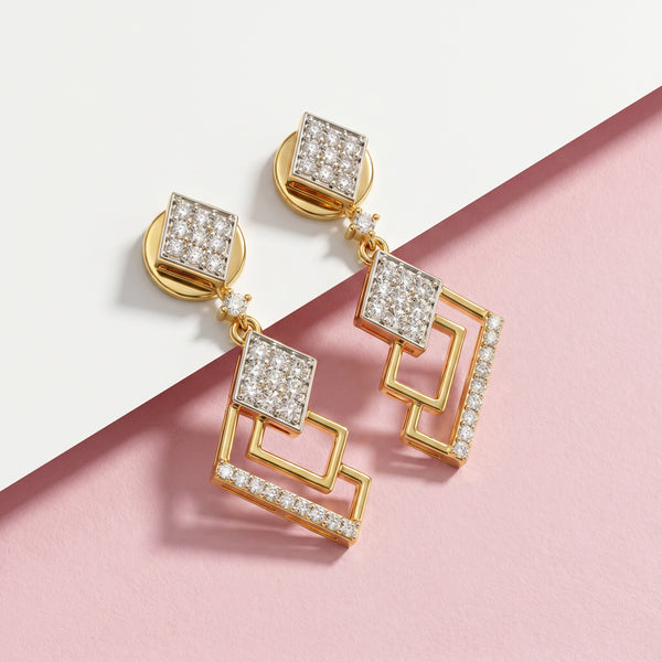 18kt Gold Diamond Geometric Design Drop Earrings  