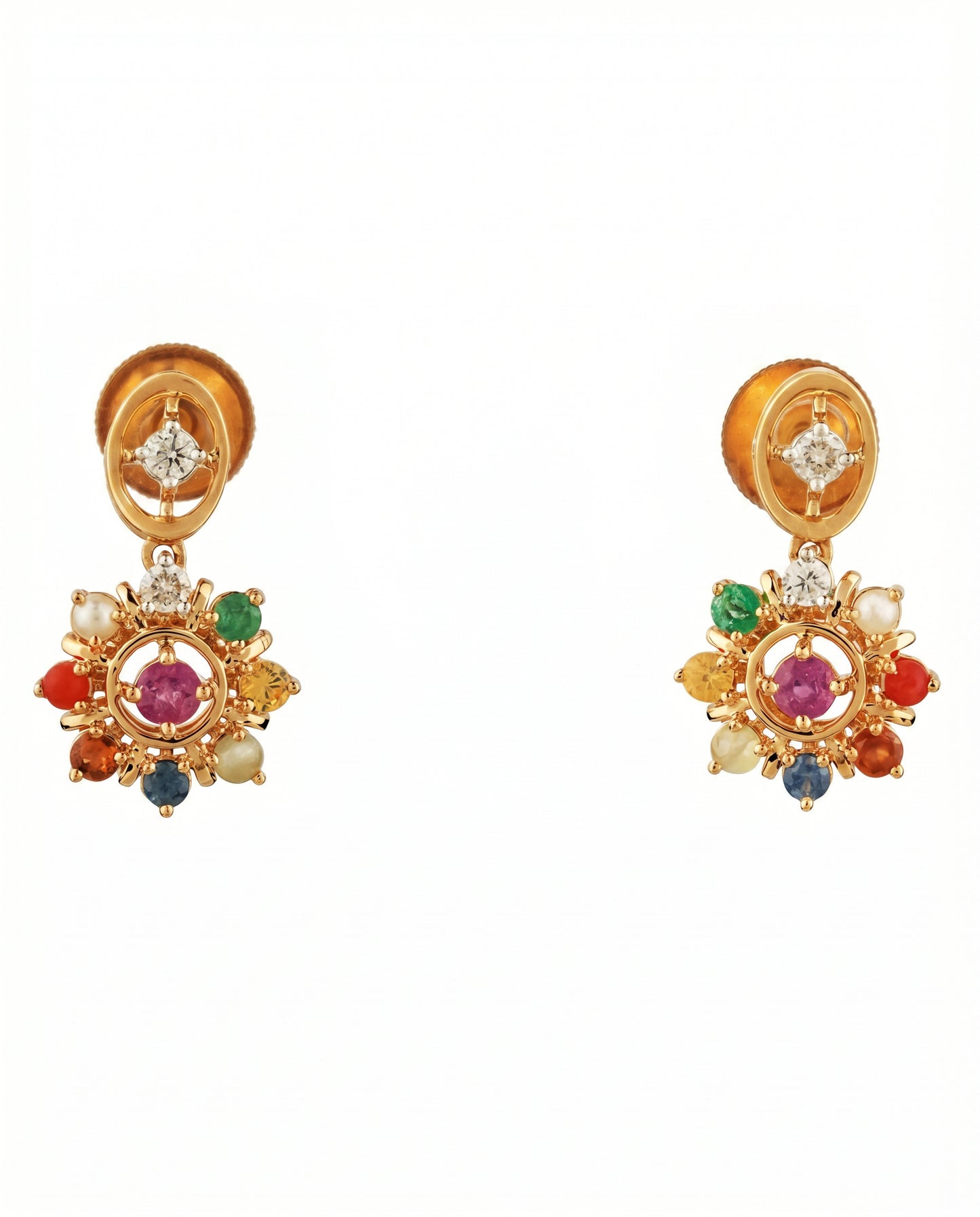 18Kt Gold Navaratna Diamond Dangler Earrings for Women