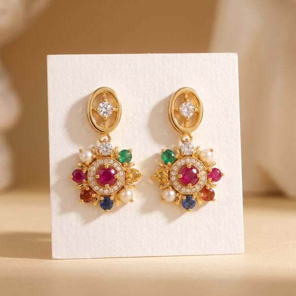 18Kt Gold Navaratna Diamond Dangler Earrings for Women