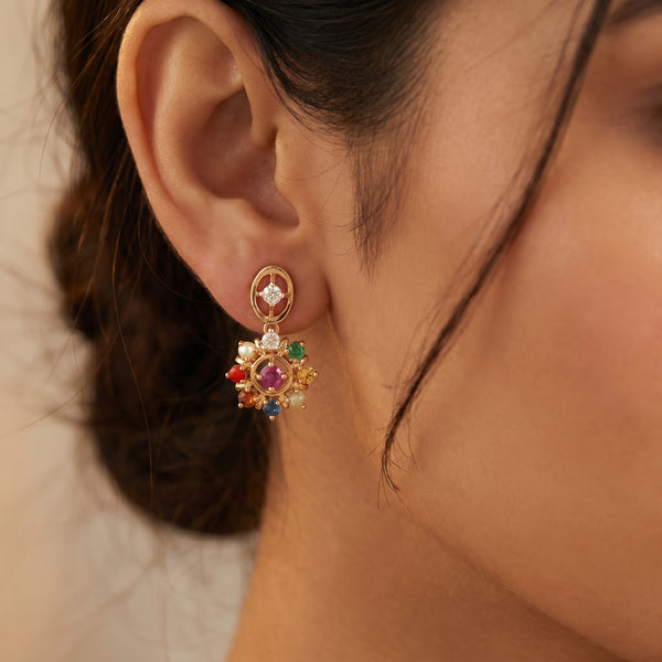 18Kt Gold Navaratna Diamond Dangler Earrings for Women