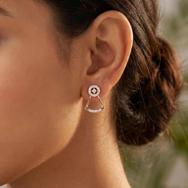 Round Halo 18kt Gold Diamond Fan Drop Design Earrings