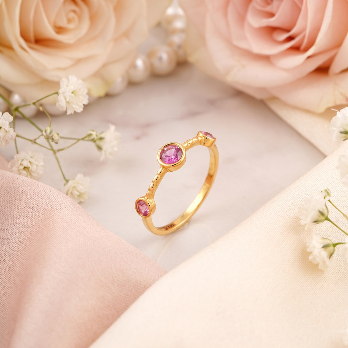 Three Stone Pink Gemstone 18KT Ring
