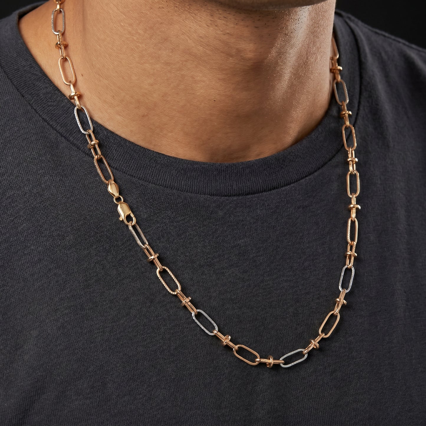 18kt Two-Tone Gold Connector Rings Link Chain for Men