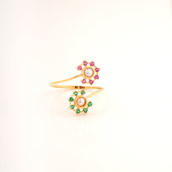 18KT Gold Wrap Ring With Dual Flower Pearl