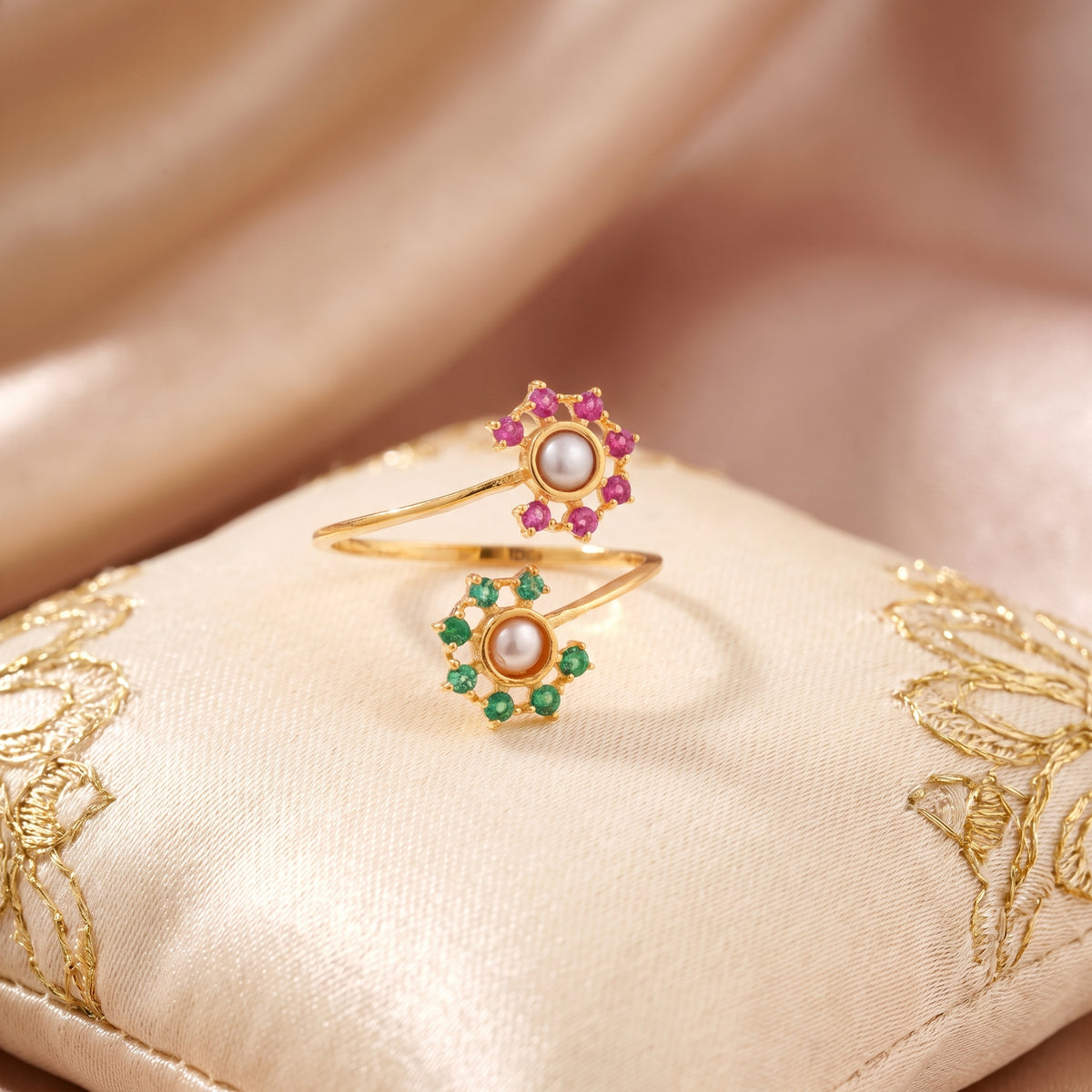 18KT Gold Wrap Ring With Dual Flower Pearl