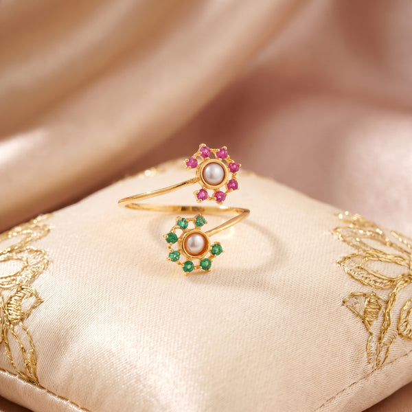 18KT Gold Wrap Ring With Dual Flower Pearl