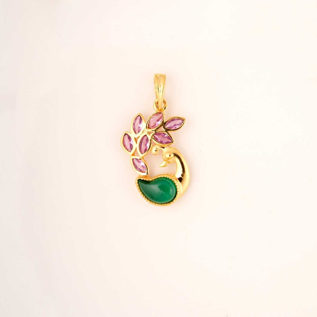 18KT gold peacock pendant with green and pink gemstones