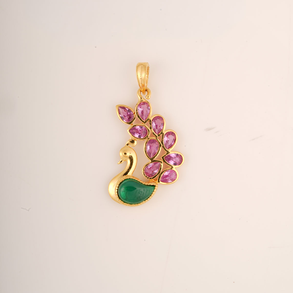 18KT gold peacock pendant with green and pink gemstones