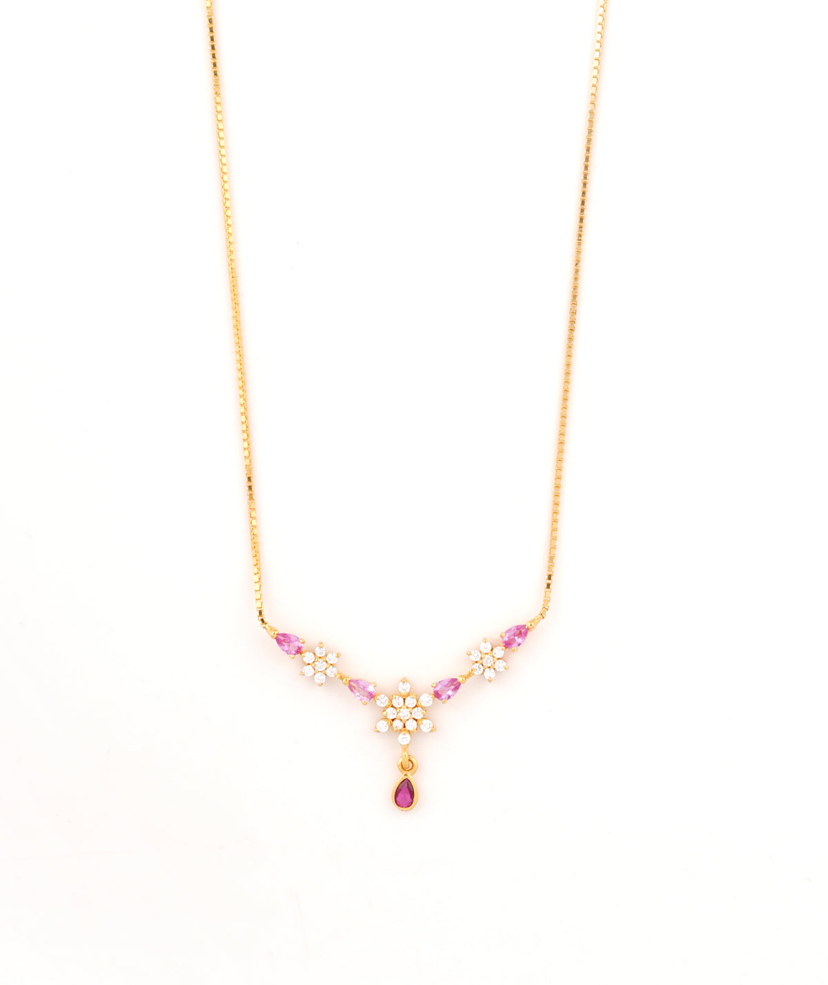 18KT gold necklace with diamond flowers and pink gemstone accents