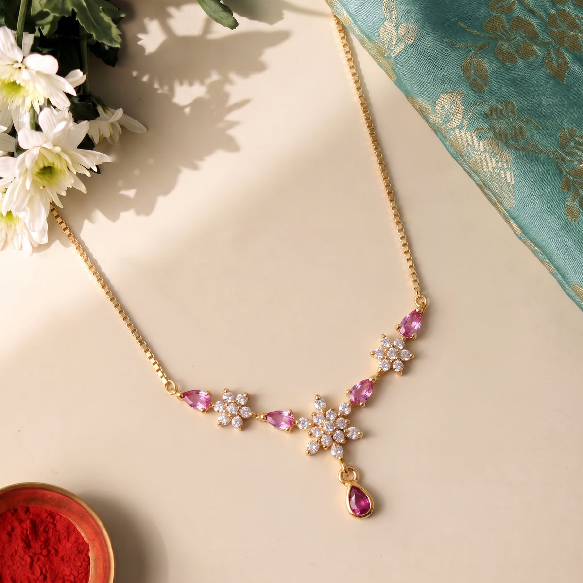 Floral Diamond Pink Gemstone 18KT Necklace