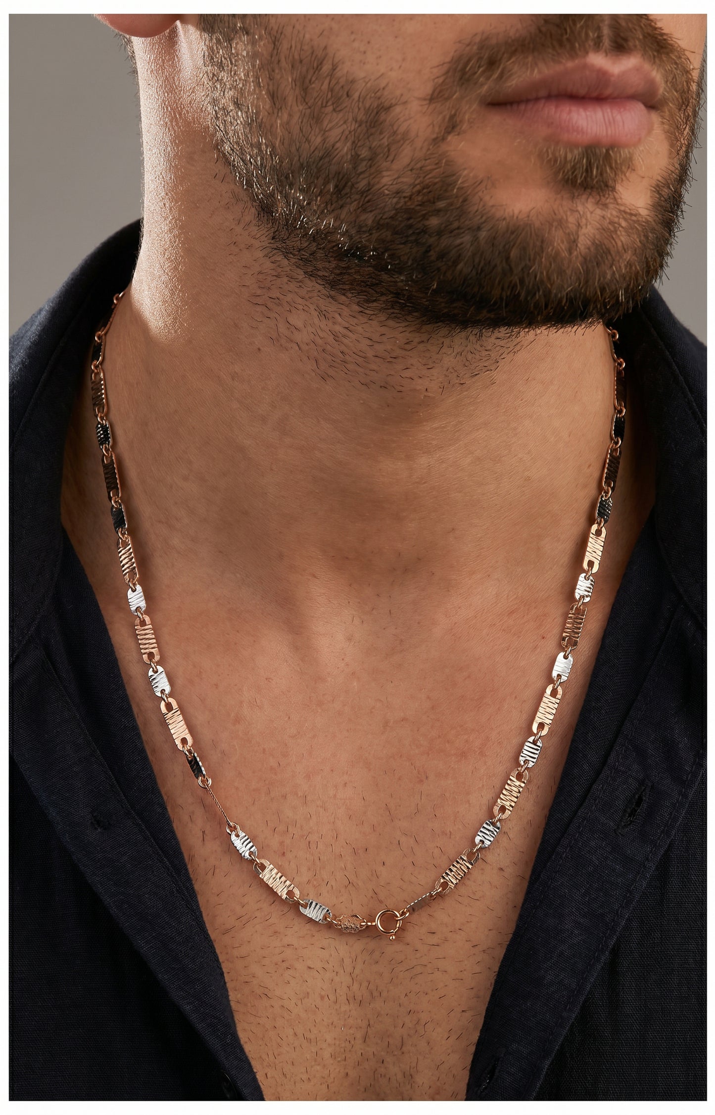 18kt Textured Flat Bar Link Two-Tone Gold Chain for Men