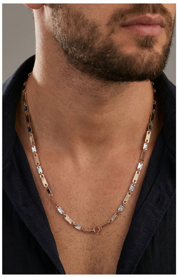 18kt Textured Flat Bar Link Two-Tone Gold Chain for Men