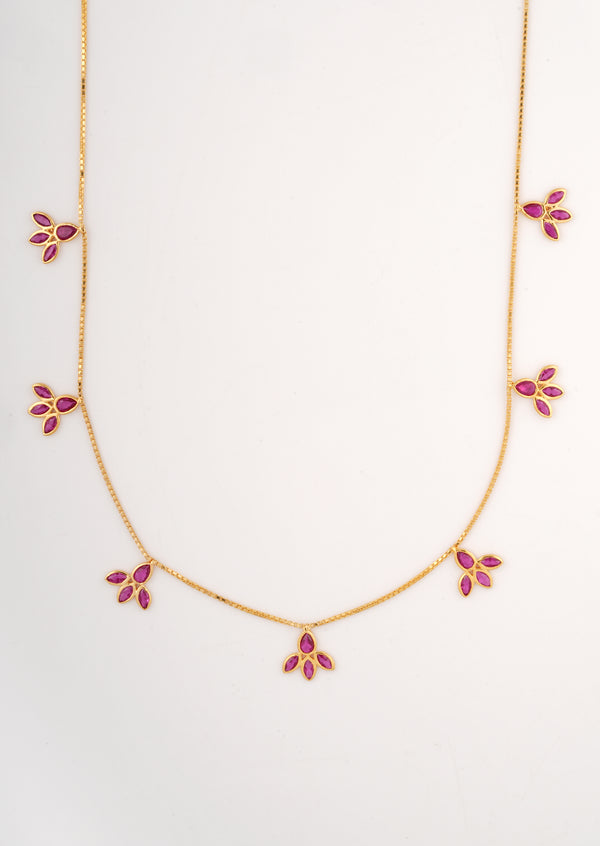 Pink Gemstone Leaf Charm 18KT Necklace