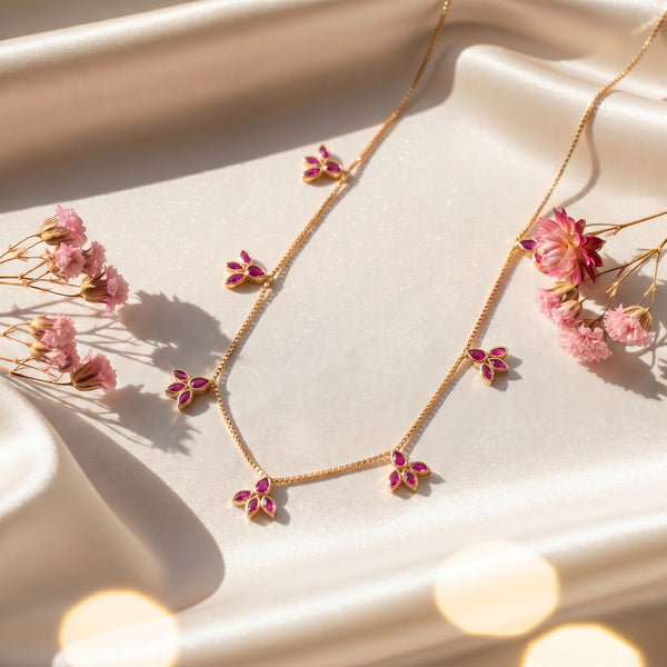 Pink Gemstone Leaf Charm 18KT Necklace