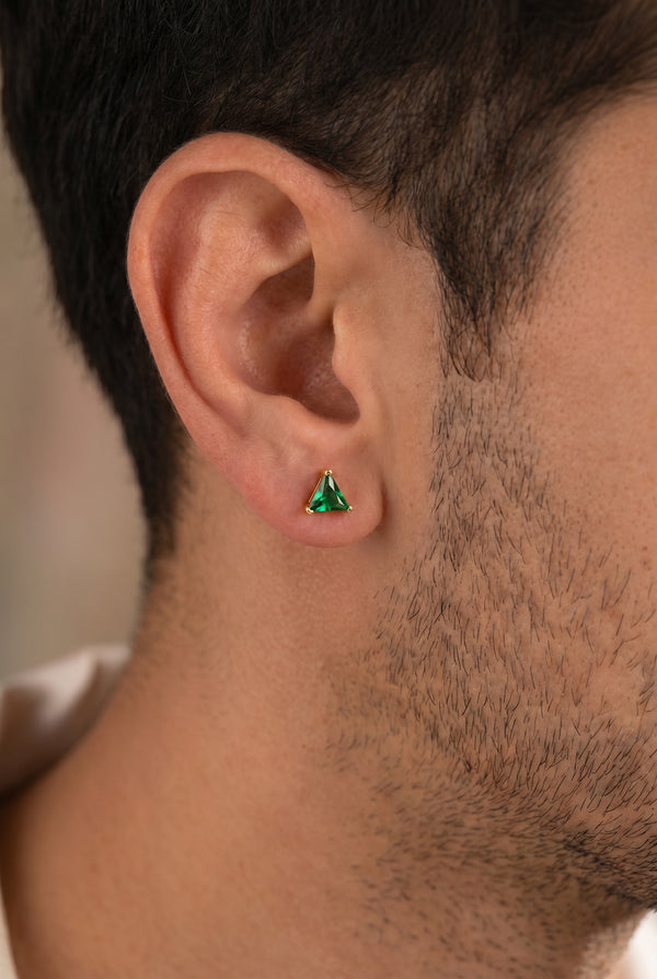 18Kt Gold Triangle Emerald Single Stud Earring for Men