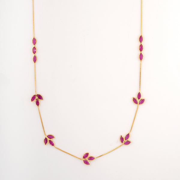18KT Necklace with Pink Gemstone Leaf Charm