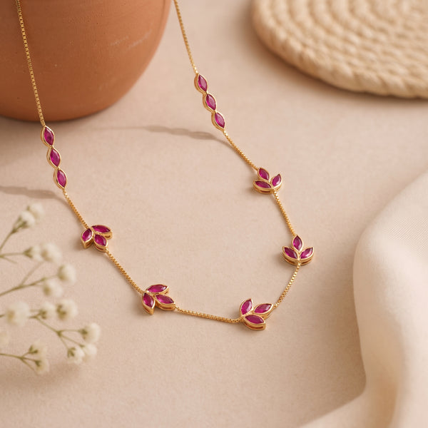 18KT Necklace with Pink Gemstone Leaf Charm