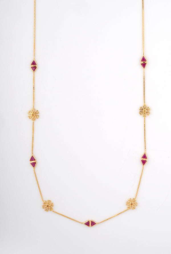 Pink Gemstone Flower Station 18KT Necklace