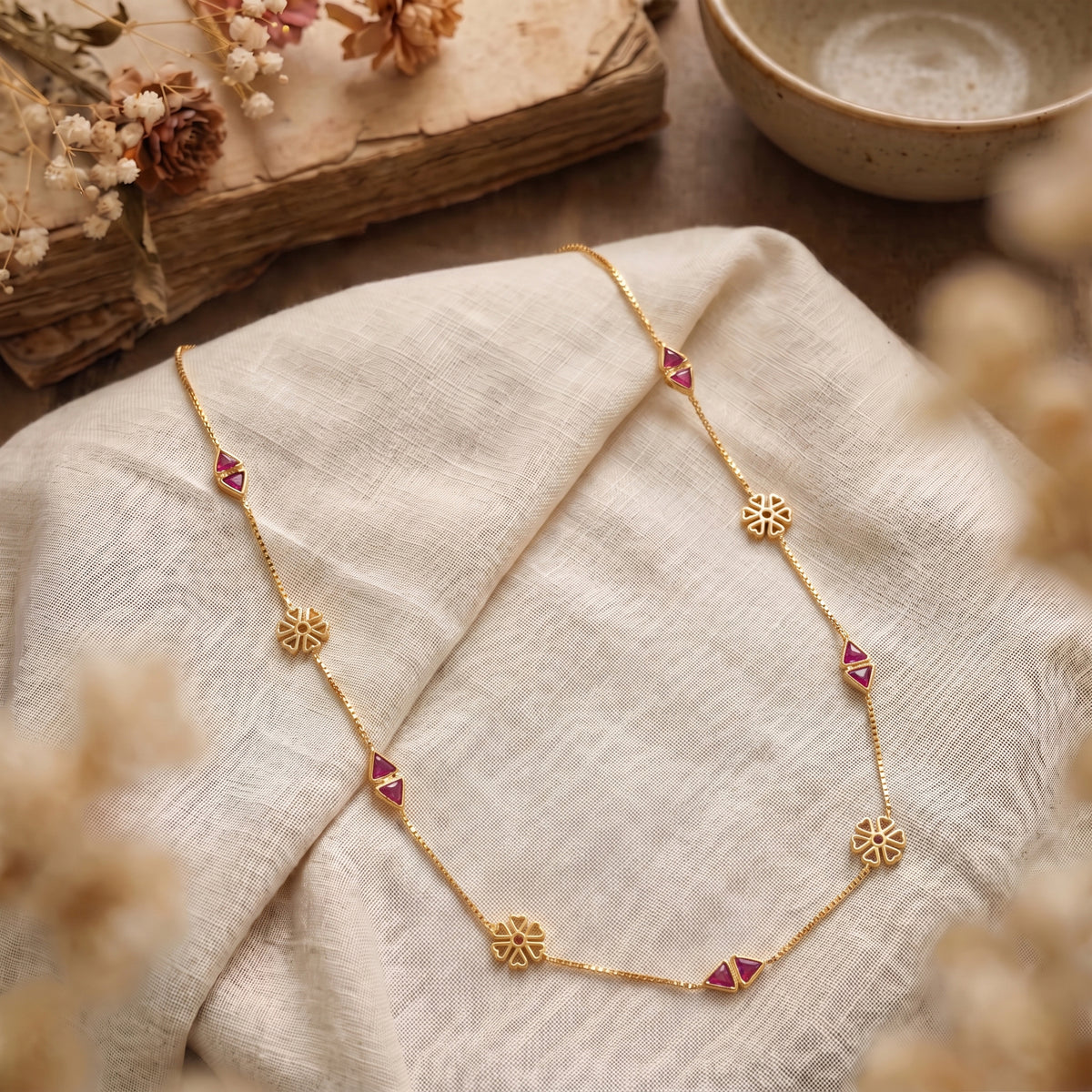 Pink Gemstone Flower Station 18KT Necklace