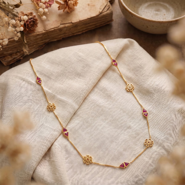 Pink Gemstone Flower Station 18KT Necklace
