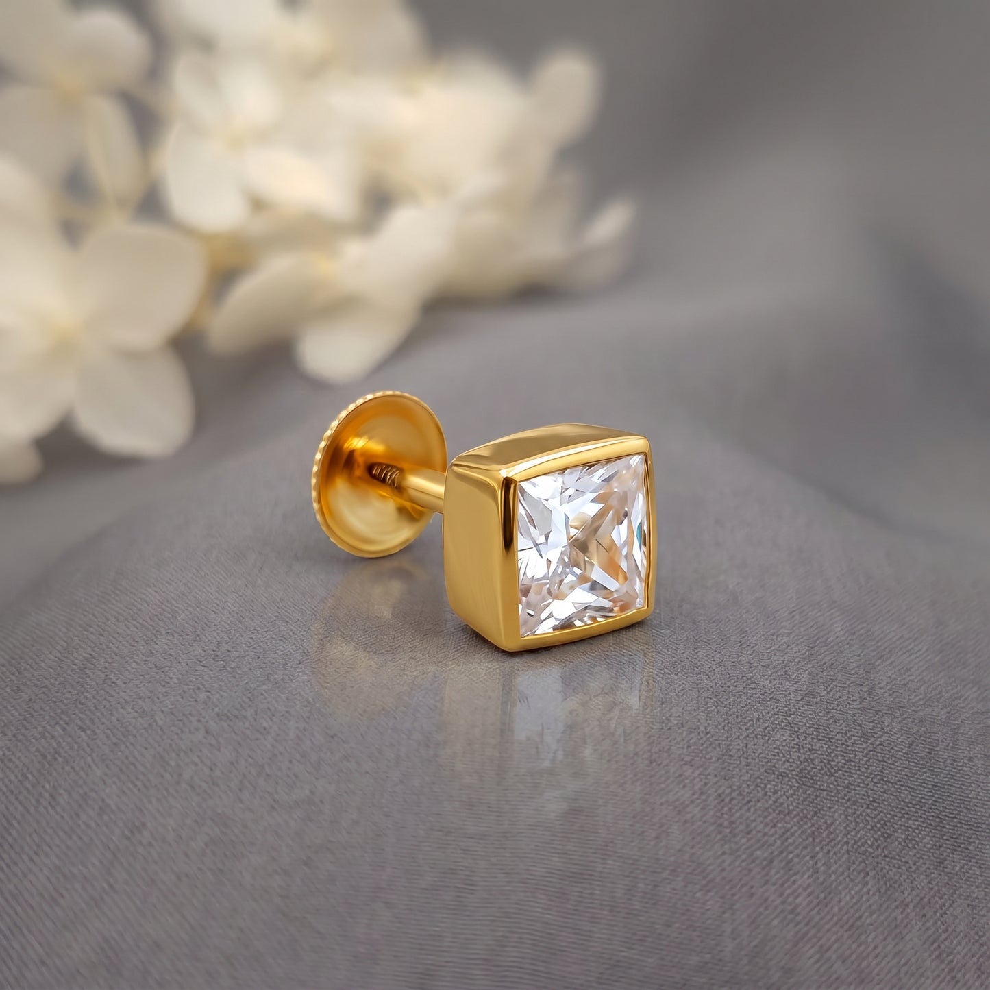 18Kt Gold Square Stone Single Stud Earring for Men