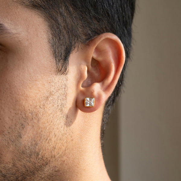 18Kt Gold Square Stone Single Stud Earring for Men